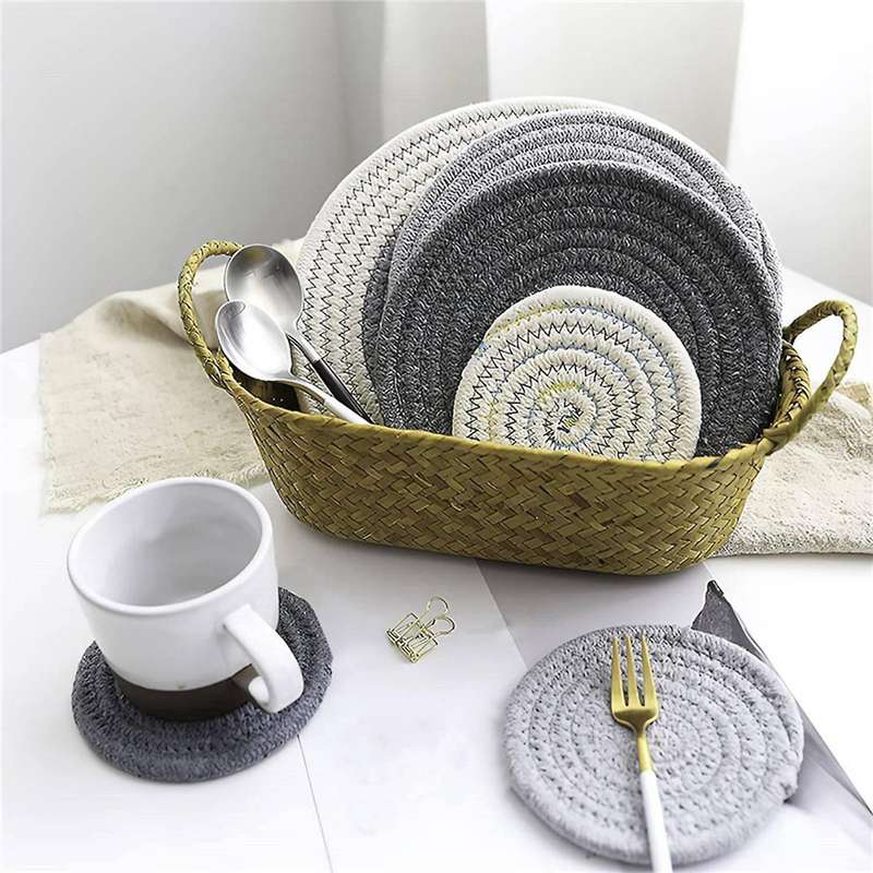 8 Pcs Drink Coasters with Holder, 4 Colors Absorbent Coasters for Drinks, Minimalist Cotton Woven C