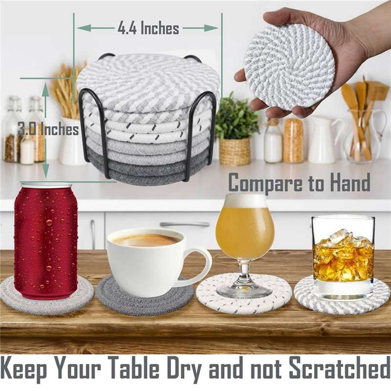 8 Pcs Drink Coasters with Holder, 4 Colors Absorbent Coasters for Drinks, Minimalist Cotton Woven C
