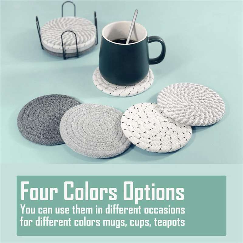 8 Pcs Drink Coasters with Holder, 4 Colors Absorbent Coasters for Drinks, Minimalist Cotton Woven C