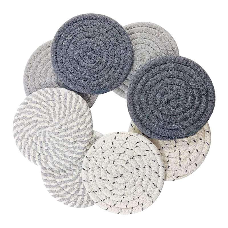 8 Pcs Drink Coasters with Holder, 4 Colors Absorbent Coasters for Drinks, Minimalist Cotton Woven C