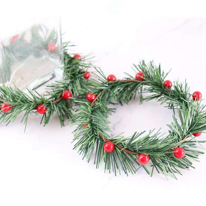 8 PCS Holly Berry Candle Ring Small Artificial Red Berries Pine Needles Wreath for Christmas Garland