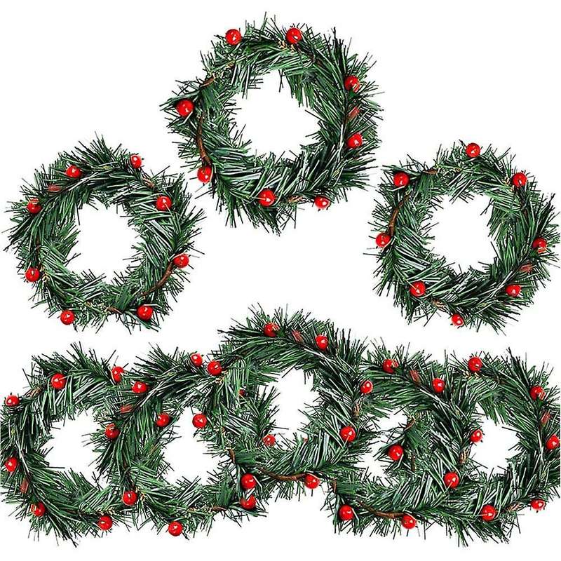 8 PCS Holly Berry Candle Ring Small Artificial Red Berries Pine Needles Wreath for Christmas Garland