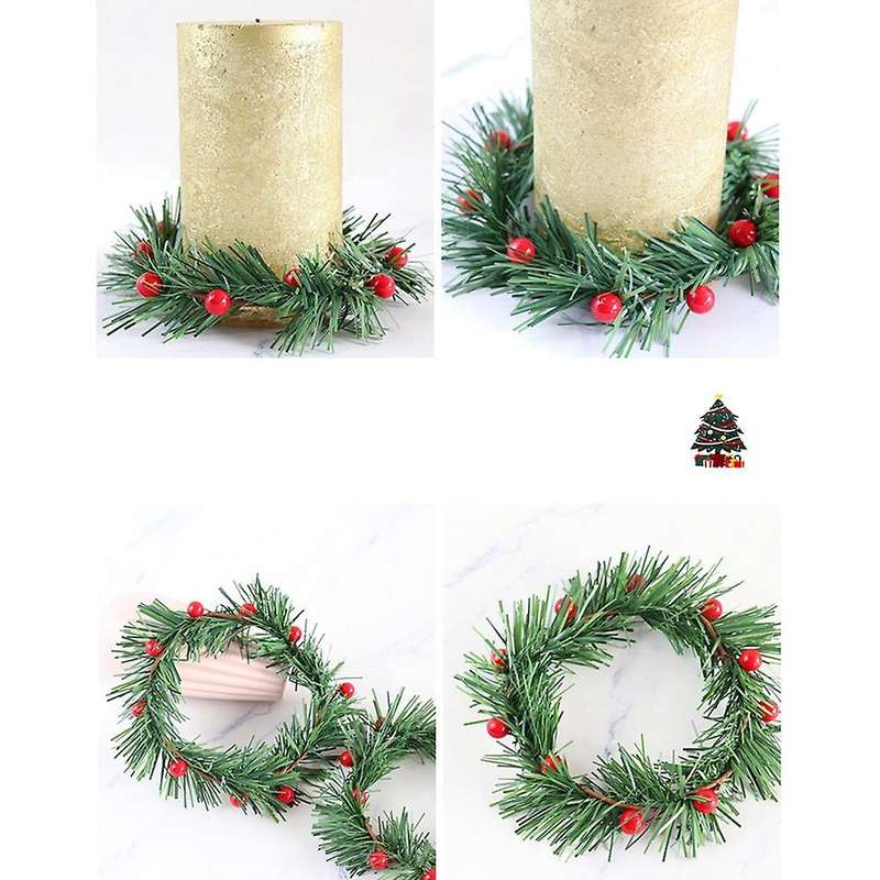8 PCS Holly Berry Candle Ring Small Artificial Red Berries Pine Needles Wreath for Christmas Garland