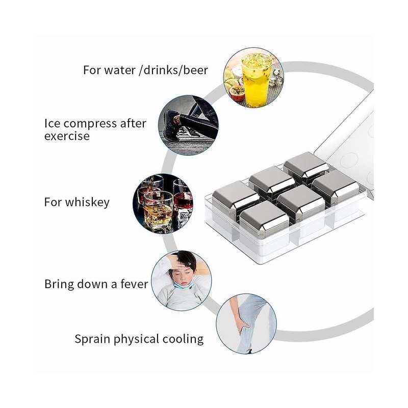 8 Pcs Stainless Steel Ice Cubes Set Reusable Chilling Stone for Whiskey Wine Wine Cooling Square Pa