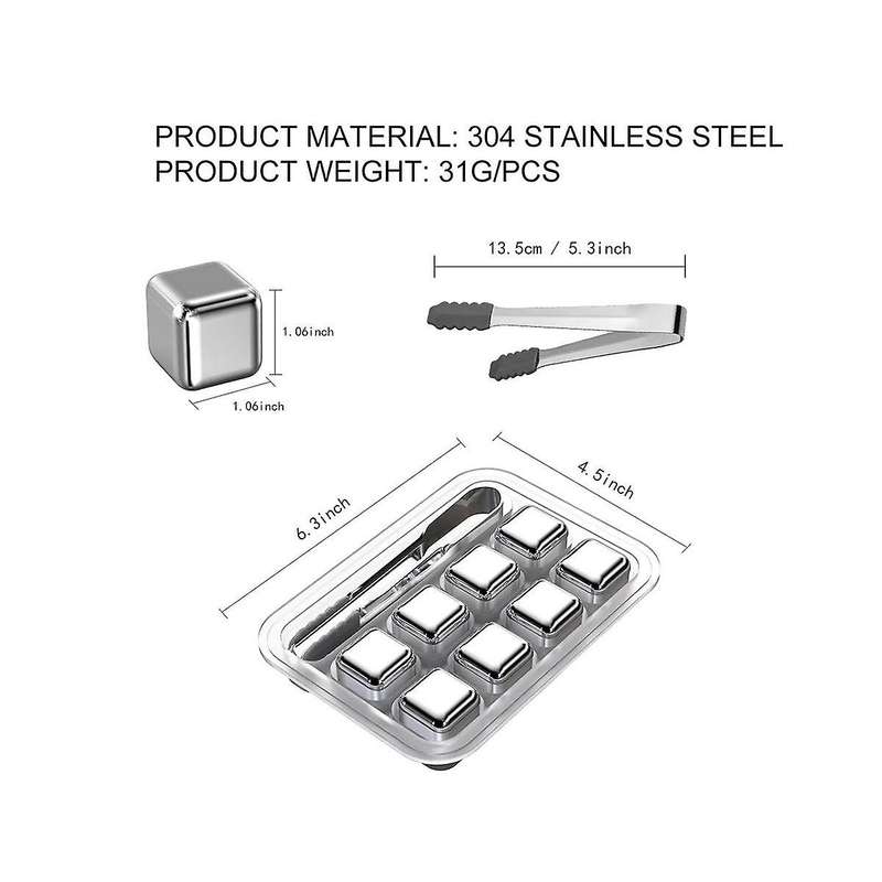 8 Pcs Stainless Steel Ice Cubes Set Reusable Chilling Stone for Whiskey Wine Wine Cooling Square Pa