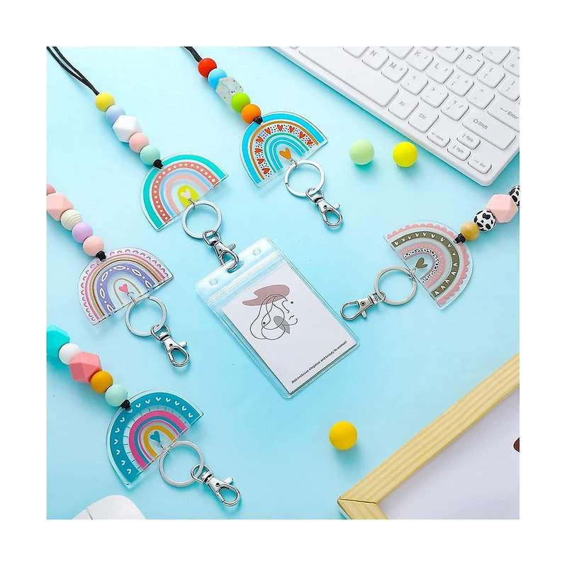 8 Pcs Teacher Lanyard for Id Badges and Keys Acrylic Boho Rainbow Beaded Lanyard Cute Keychains For