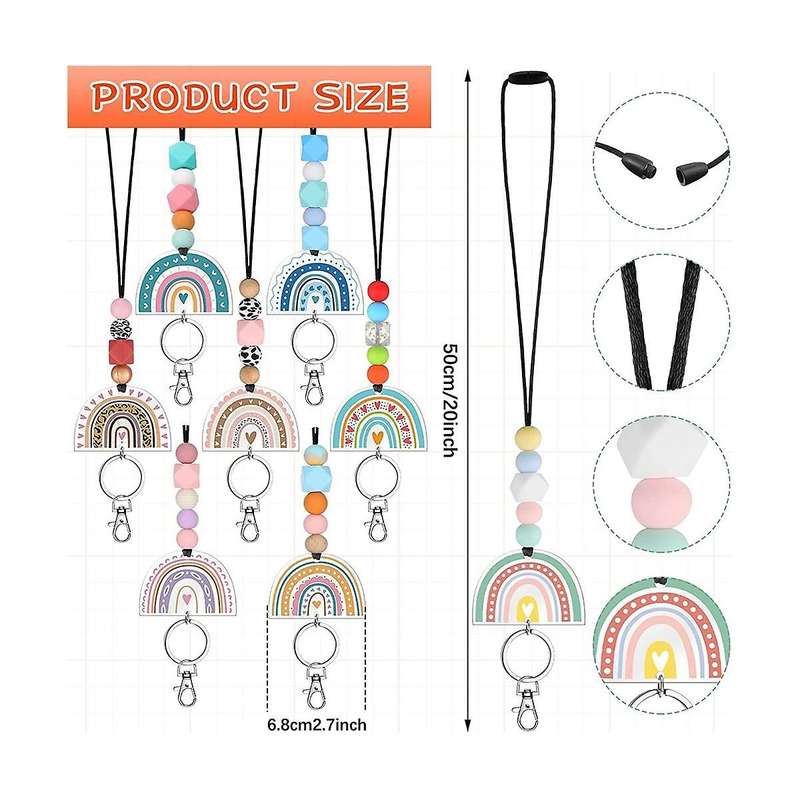 8 Pcs Teacher Lanyard for Id Badges and Keys Acrylic Boho Rainbow Beaded Lanyard Cute Keychains For