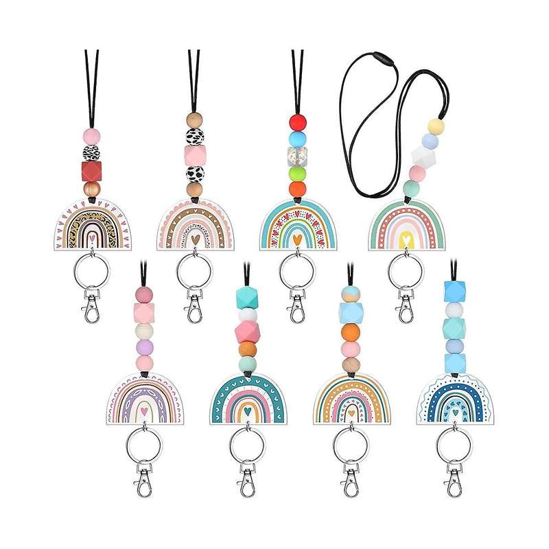 8 Pcs Teacher Lanyard for Id Badges and Keys Acrylic Boho Rainbow Beaded Lanyard Cute Keychains For