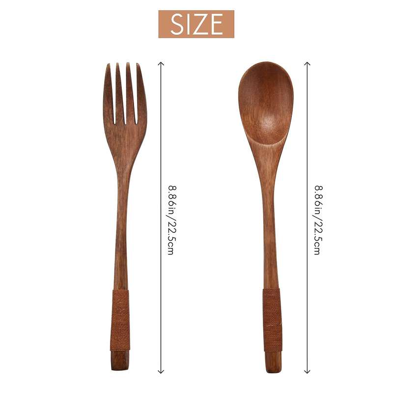 8 Pcs Wooden 9 inchJapanese Spoon Fork Set Kitchen Natural Wood Cutlery Wooden Dinner Cutlery Set