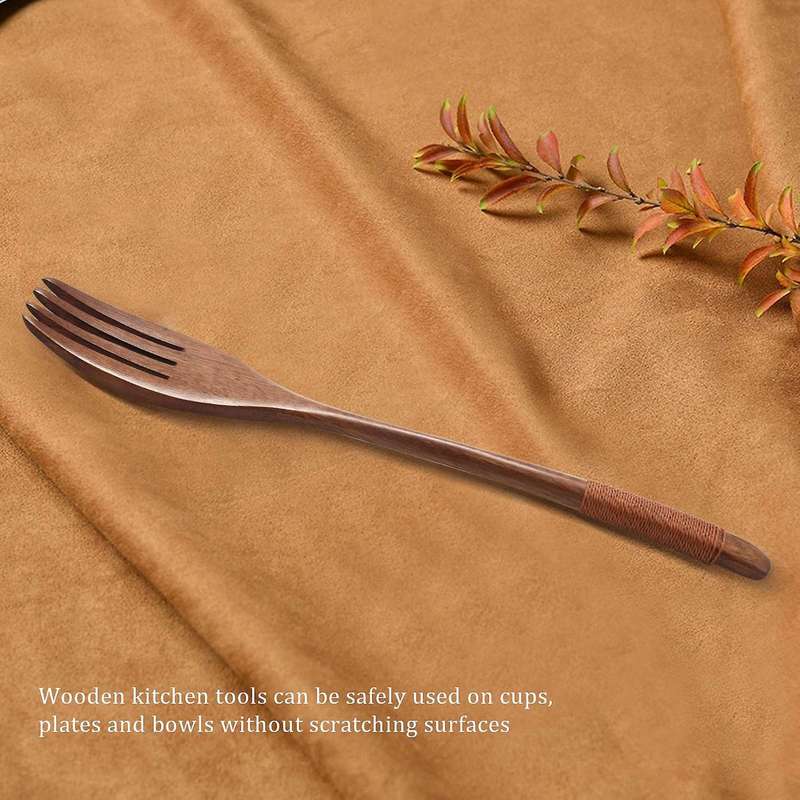 8 Pcs Wooden 9 inchJapanese Spoon Fork Set Kitchen Natural Wood Cutlery Wooden Dinner Cutlery Set