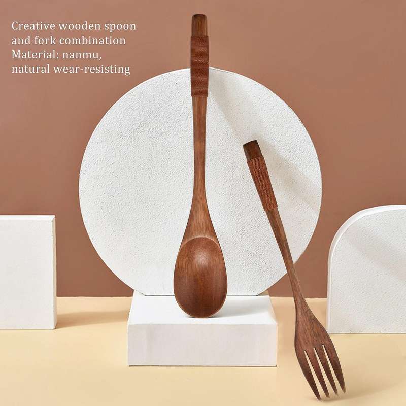 8 Pcs Wooden 9 inchJapanese Spoon Fork Set Kitchen Natural Wood Cutlery Wooden Dinner Cutlery Set