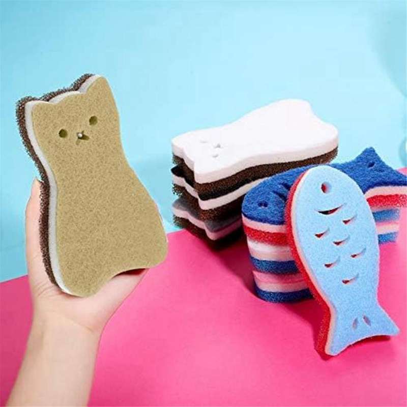 8 Pieces Kitchen Scrub Sponges Cats Fish Cleaning Sponge Dishwashing Scrubber Non-Scratch Multi-Use