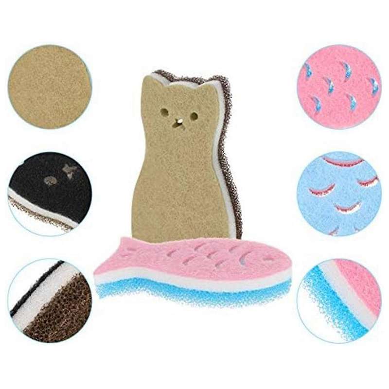 8 Pieces Kitchen Scrub Sponges Cats Fish Cleaning Sponge Dishwashing Scrubber Non-Scratch Multi-Use