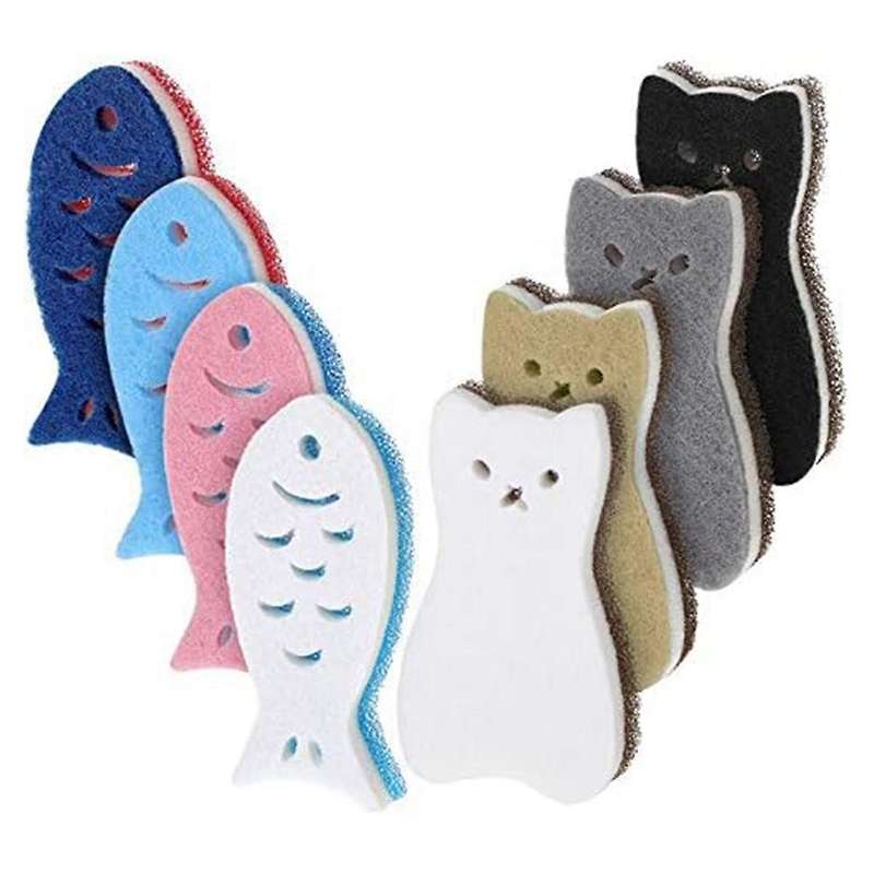 8 Pieces Kitchen Scrub Sponges Cats Fish Cleaning Sponge Dishwashing Scrubber Non-Scratch Multi-Use