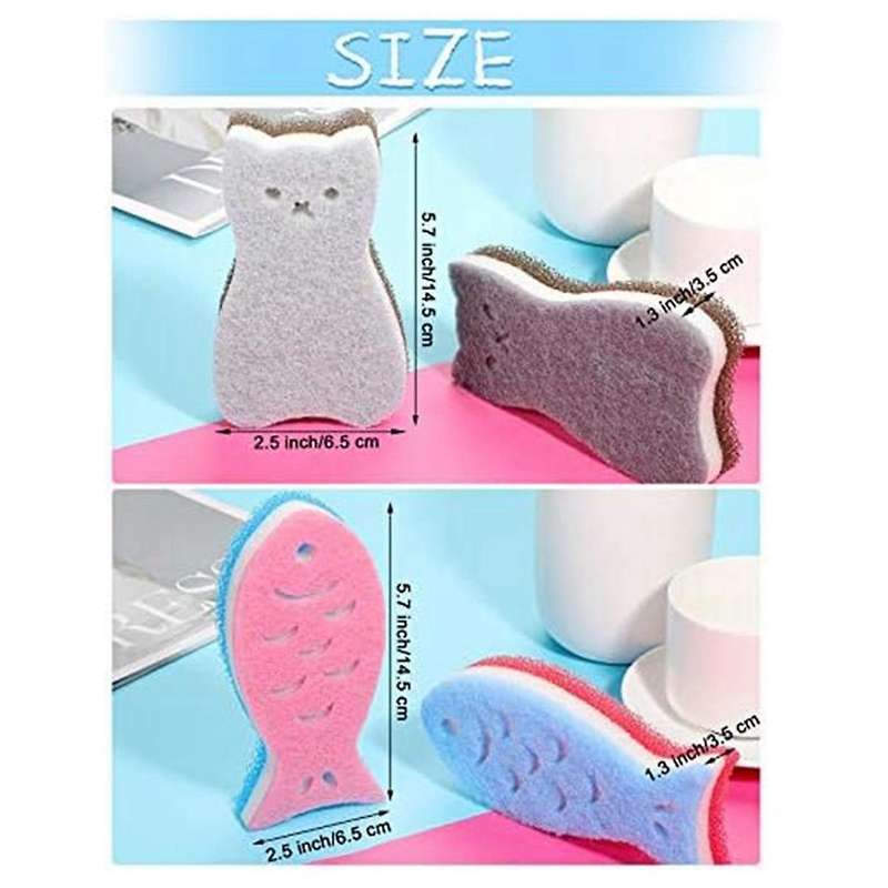 8 Pieces Kitchen Scrub Sponges Cats Fish Cleaning Sponge Dishwashing Scrubber Non-Scratch Multi-Use