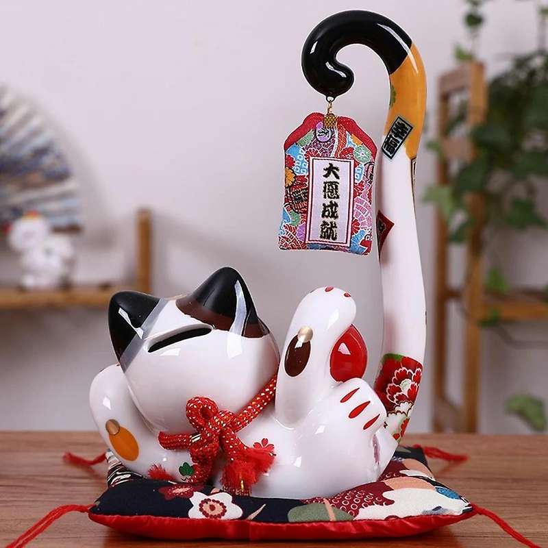 8.6 Inch Ceramic Maneki Neko Money Box Coin Bank Japanese Long Tail Fortune Feng Shui Home Decor ,A