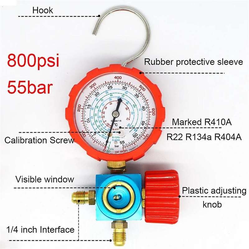 800PSI Refrigerant Manometer Air Condition Pressure Gauge Manometer Valve Manometro for R410A R22 R1