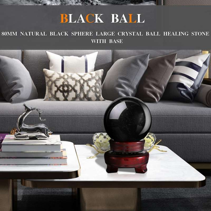 80MM Natural Black Sphere Large Crystal Ball Healing Stone with Base