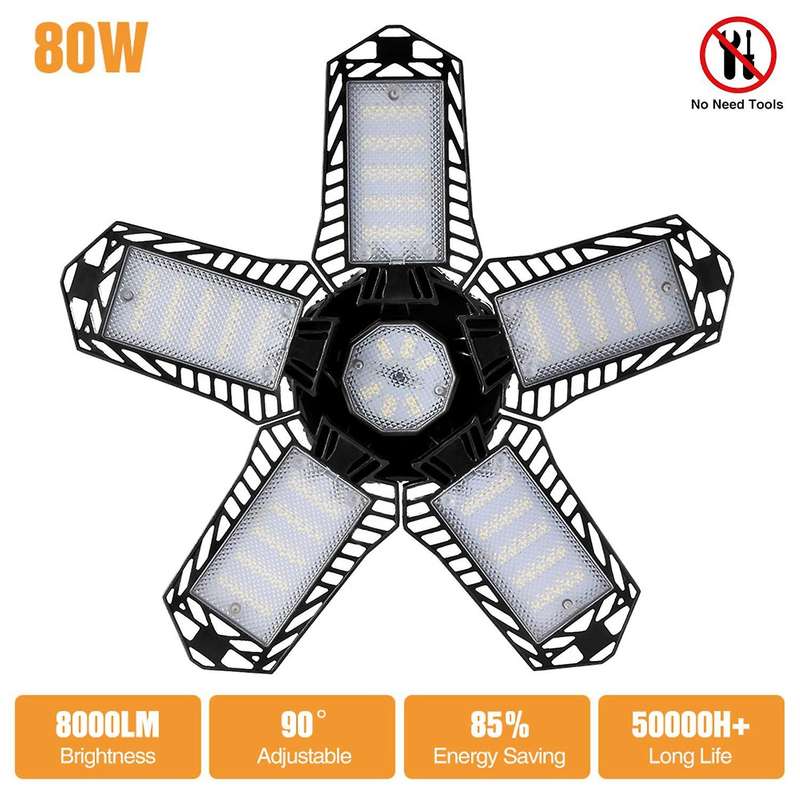 80W LED Five Leaf Garage Light Foldable Garage Ceiling Lamp 8000LM Deformation Basement Adjustable H