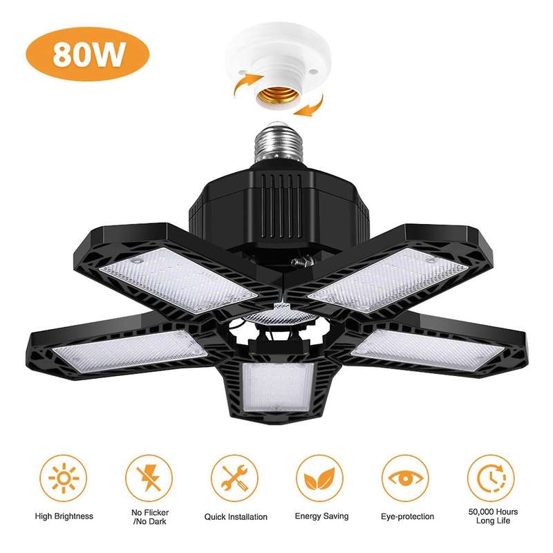 80W LED Five Leaf Garage Light Foldable Garage Ceiling Lamp 8000LM Deformation Basement Adjustable H