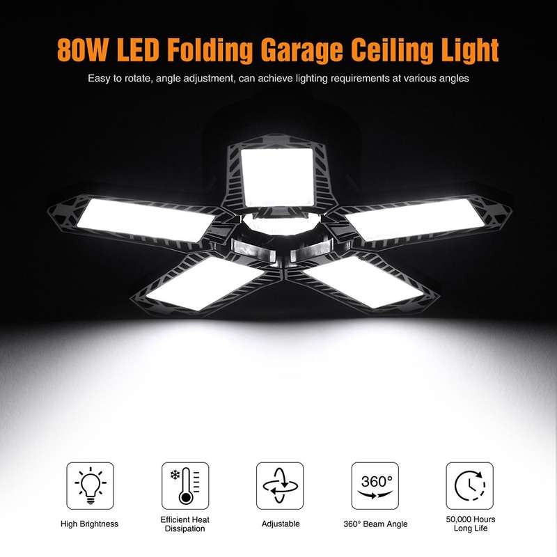 80W LED Five Leaf Garage Light Foldable Garage Ceiling Lamp 8000LM Deformation Basement Adjustable H