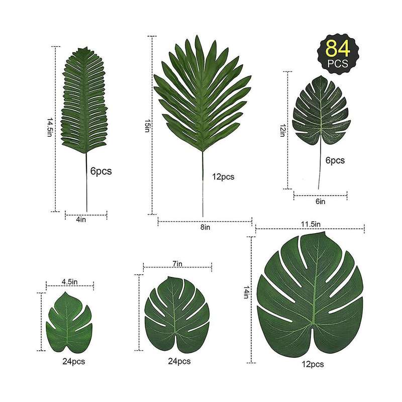 84 Pcs 6 Kinds Artificial Palm Leaves, Tropical Monstera Leaves, Jungle Leaves Decorations, Palm Lea
