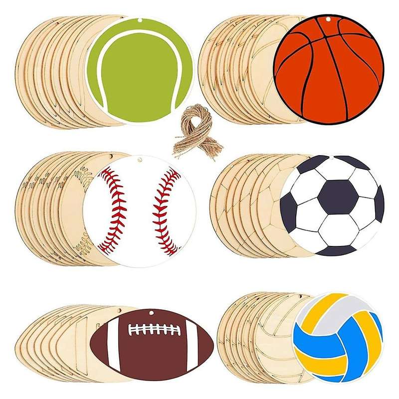 84pcs Wooden Hanging Ornament Volleyball Basketball Baseball Tennis Soccer Shape Unfinished Blank Wo