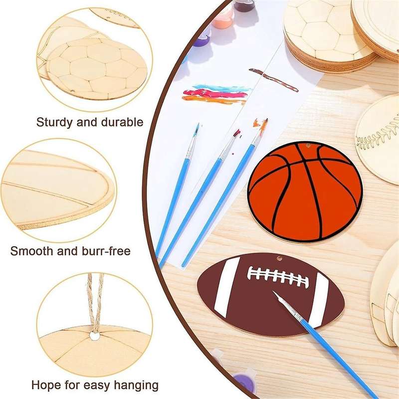 84pcs Wooden Hanging Ornament Volleyball Basketball Baseball Tennis Soccer Shape Unfinished Blank Wo