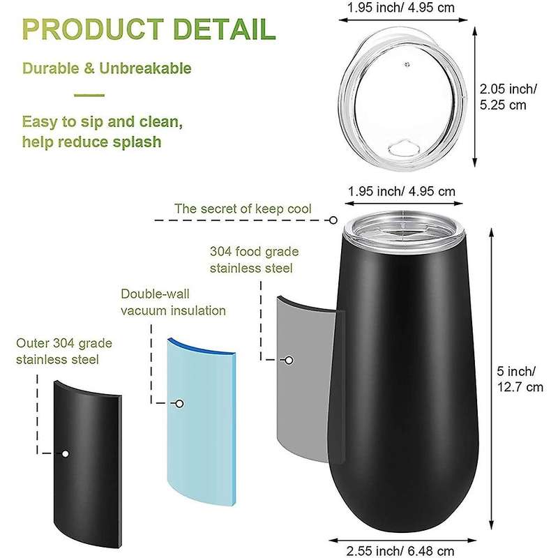8Packs Stemless Champagne Wine Tumbler, 6 OZ Double-Insulated Wine Tumbler with Lids Cocktail Cups B