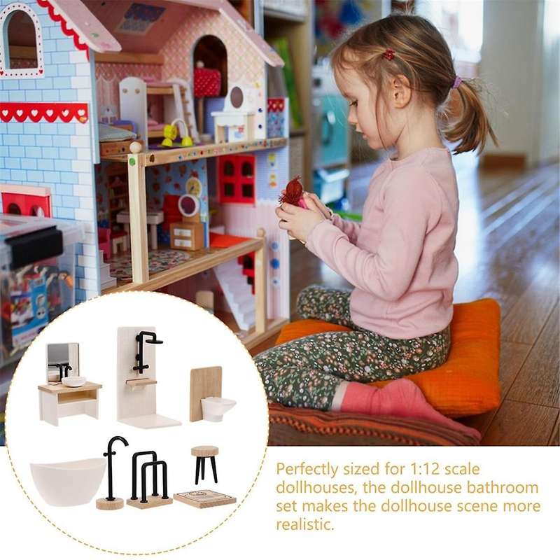 8pcs Bathroom Toilet Bathtub Basin Wooden Bathroom Cabinet with Sink Miniature Furniture for Doll
