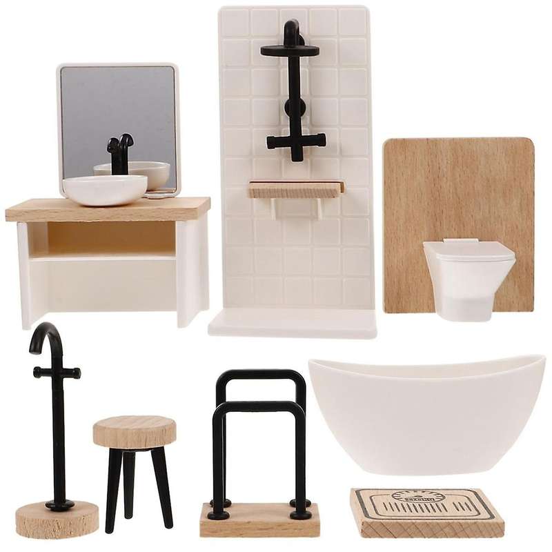 8pcs Bathroom Toilet Bathtub Basin Wooden Bathroom Cabinet with Sink Miniature Furniture for Doll