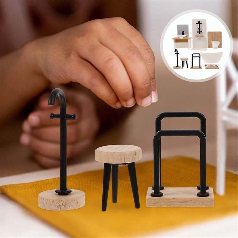 8pcs Bathroom Toilet Bathtub Basin Wooden Bathroom Cabinet with Sink Miniature Furniture for Doll