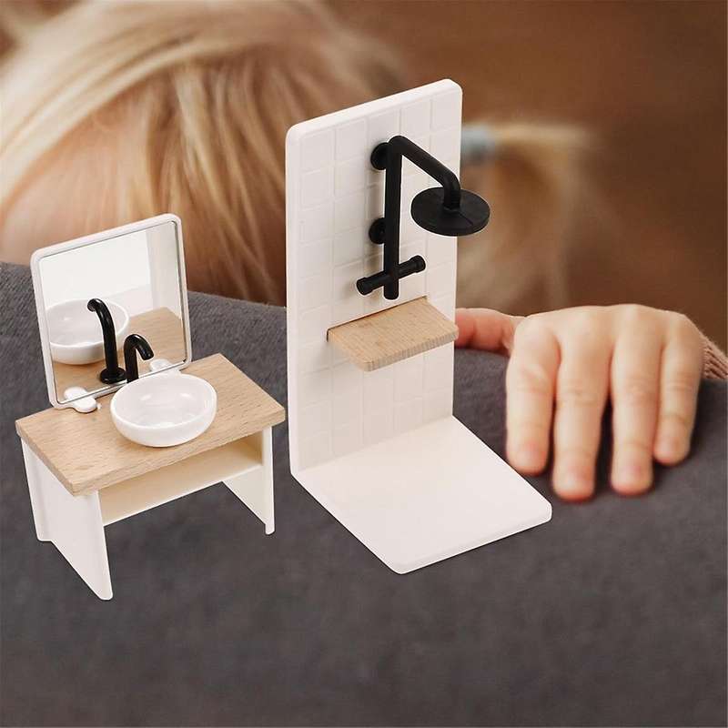 8pcs Bathroom Toilet Bathtub Basin Wooden Bathroom Cabinet with Sink Miniature Furniture for Doll