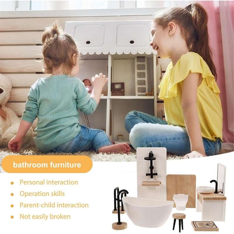 8pcs Bathroom Toilet Bathtub Basin Wooden Bathroom Cabinet with Sink Miniature Furniture for Doll