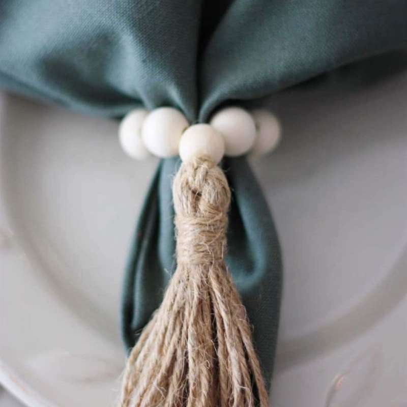 8pcs Tassels Wooden Bead Handmade Napkin Buckles Napkin Rings Farmhouse Natural White Wooden Beads