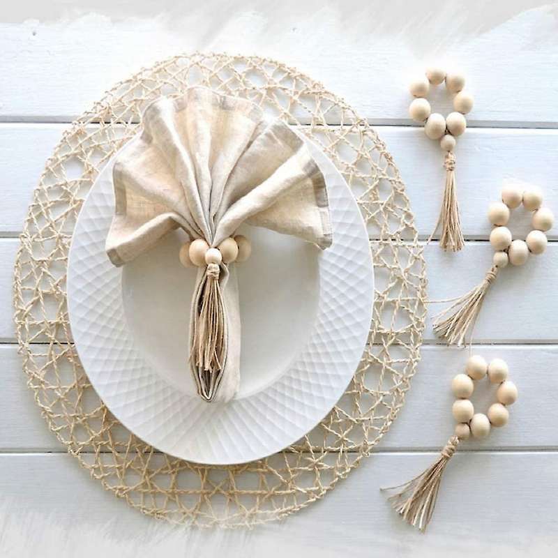 8Pcs Wood Bead Napkin Rings Natural Rustic Farmhouse Beaded Napkin Rings with Tassels Home Table Dec