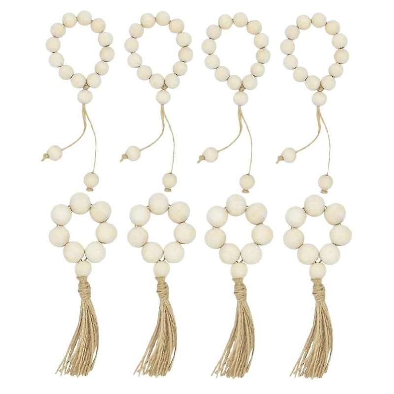 8Pcs Wood Bead Napkin Rings Natural Rustic Farmhouse Beaded Napkin Rings with Tassels Home Table Dec