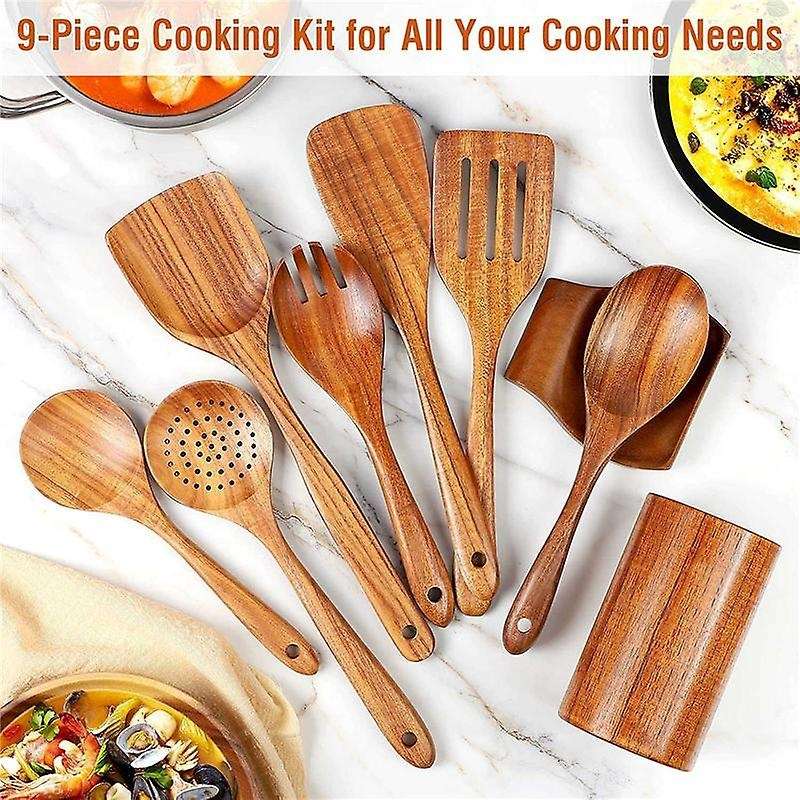 9 Pcs Wooden Spoons for Cooking, Wooden Utensils for Cooking with Utensils Holder, Teak Wooden Kitc