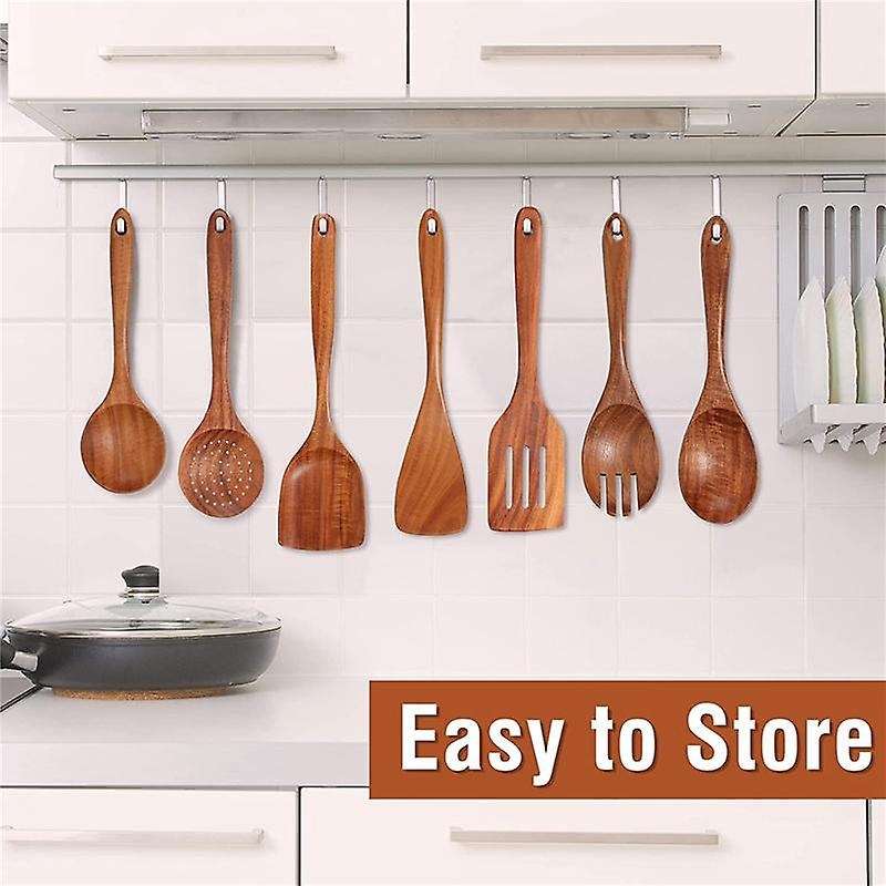 9 Pcs Wooden Spoons for Cooking, Wooden Utensils for Cooking with Utensils Holder, Teak Wooden Kitc