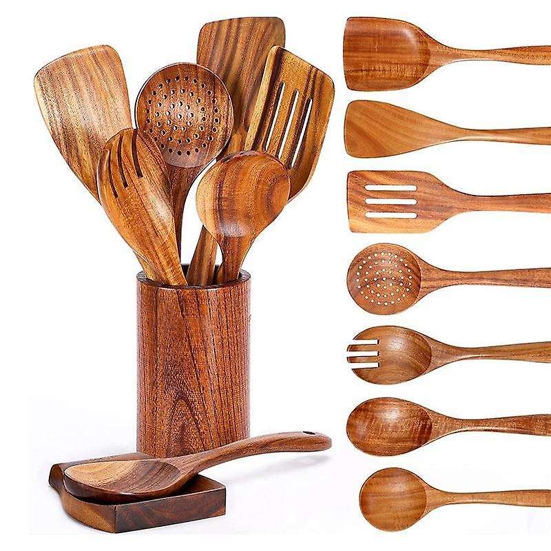 9 Pcs Wooden Spoons for Cooking, Wooden Utensils for Cooking with Utensils Holder, Teak Wooden Kitc