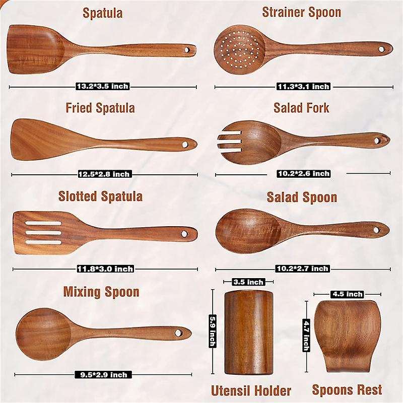 9 Pcs Wooden Spoons for Cooking, Wooden Utensils for Cooking with Utensils Holder, Teak Wooden Kitc