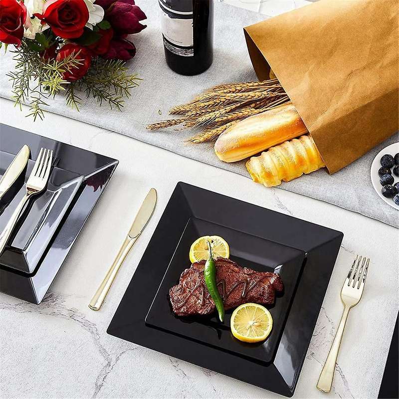 9.5 Inch Disposable Appetizer Plates - Black Plastic Dessert Plates - Elegant Design for Weddings