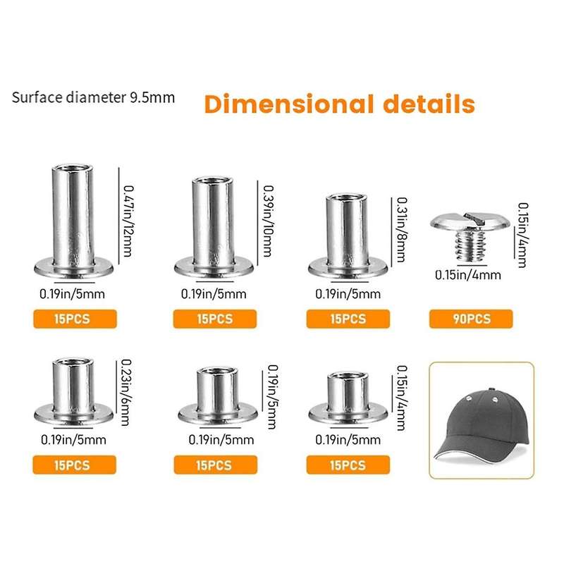 90Sets Chicago Screws Kit,6 Sizes Screw Rivets Metal Chicago Binding Screws for DIY Repair Leather C