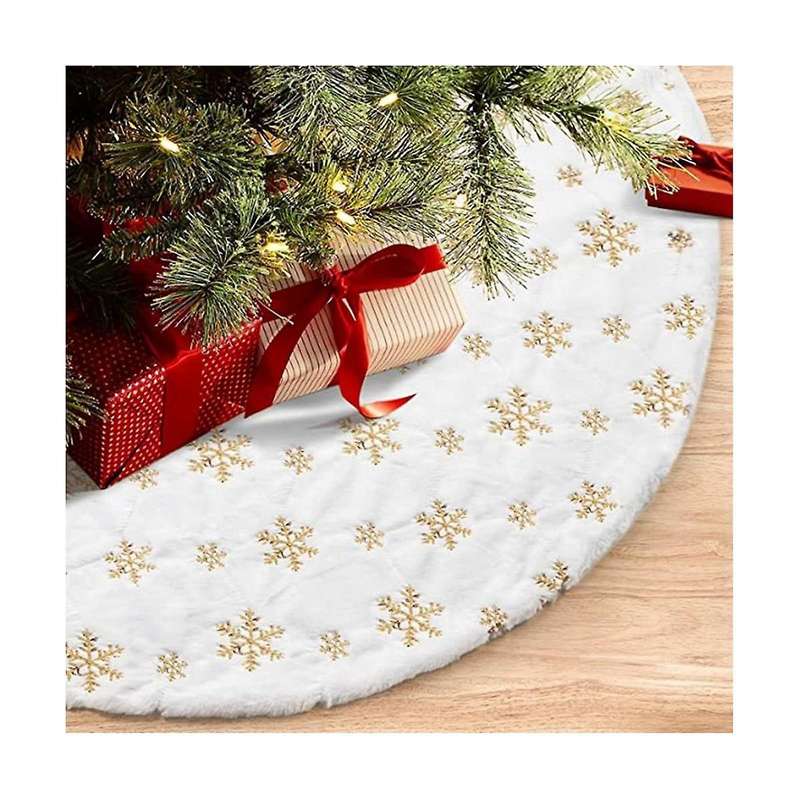 90cm Christmas Trees Skirt Faux Fur Carpet Snowflake White Plush Mat for Home Xmas Tree New Year Dec