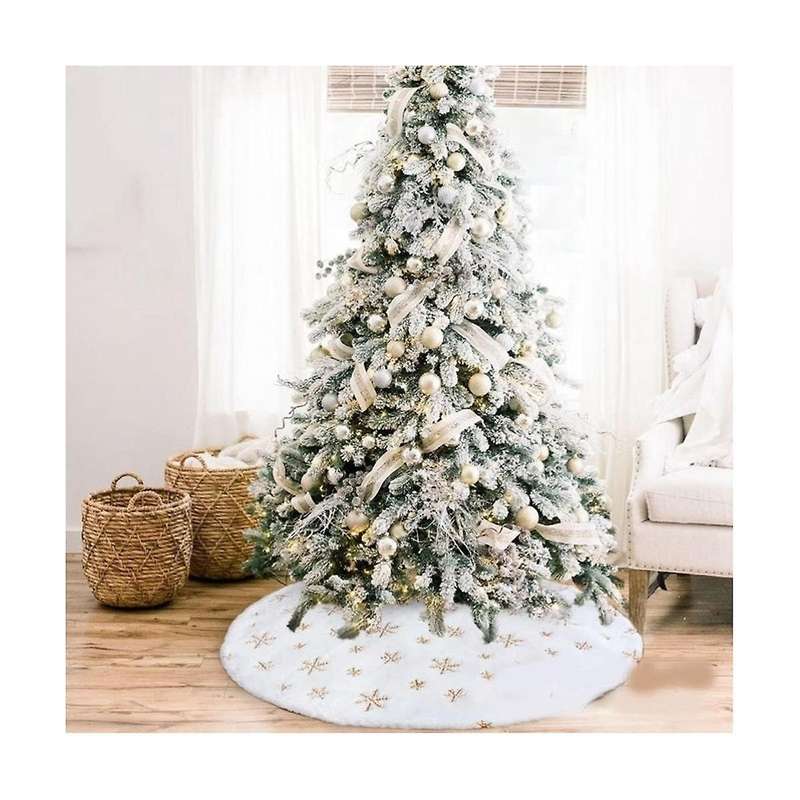 90cm Christmas Trees Skirt Faux Fur Carpet Snowflake White Plush Mat for Home Xmas Tree New Year Dec