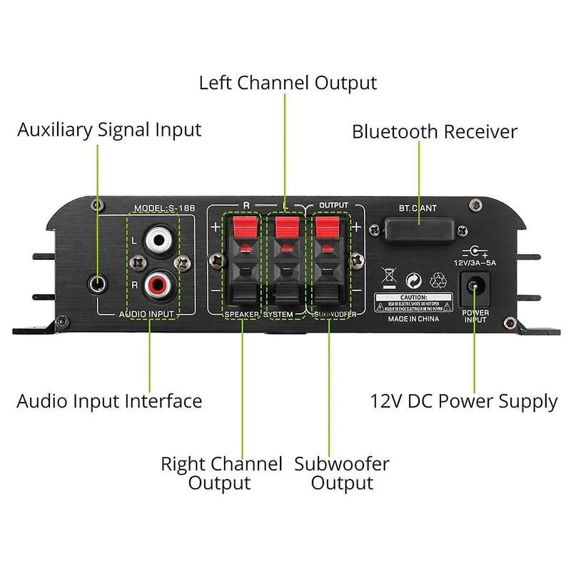 90w S-188 Bluetooth Stereo Hifi Amplifier 2.1 Ch Audio Power Amplifier Bass Treble Control Music Pla