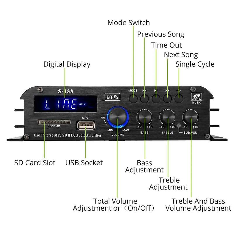 90w S-188 Bluetooth Stereo Hifi Amplifier 2.1 Ch Audio Power Amplifier Bass Treble Control Music Pla