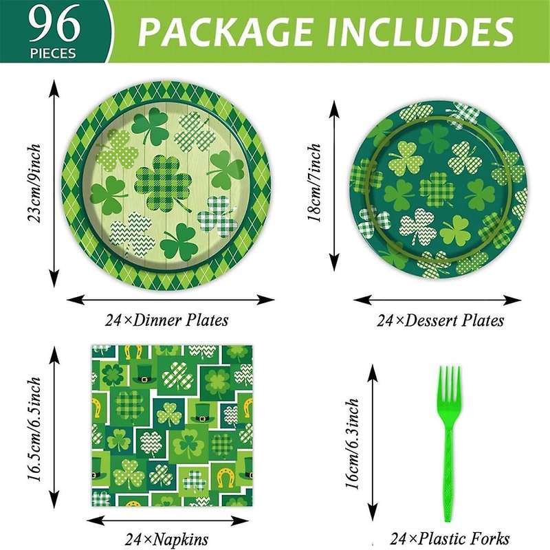 96 Pcs St. 'S Day Dinnerware Set Lucky Green Shamrock Plates Irish Holiday Party Dinnerware Set for