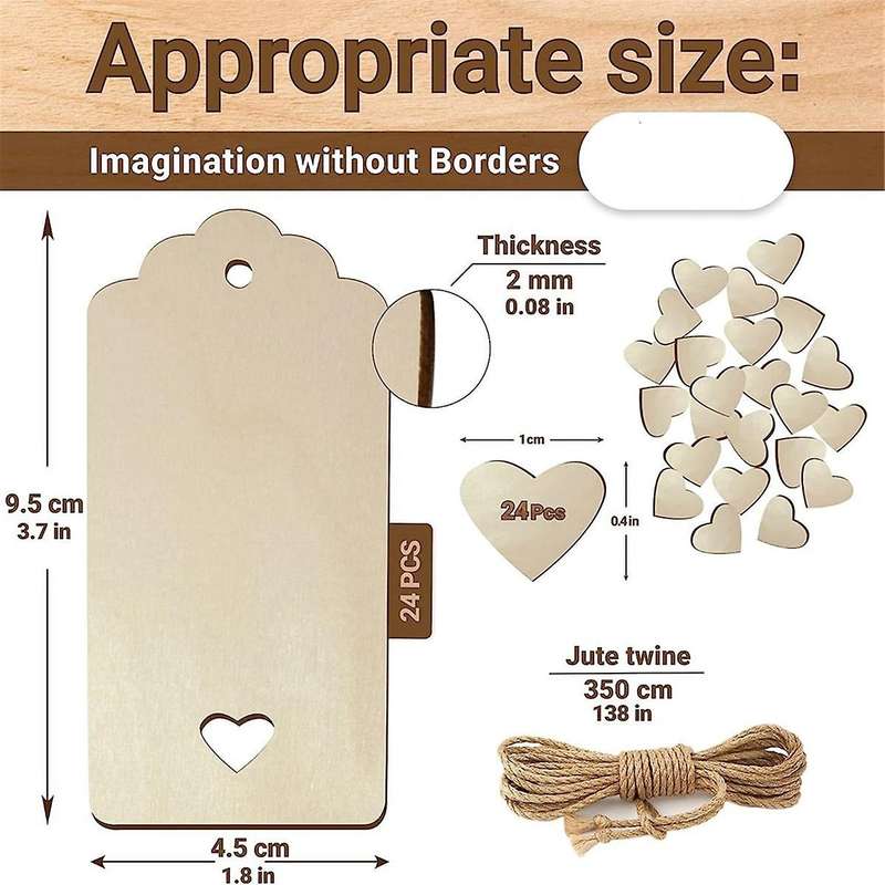 96PCS Unfinished Blank Wooden Tag Natural Pendant with Heart DIY Crafts Bookmark for Wedding Party
