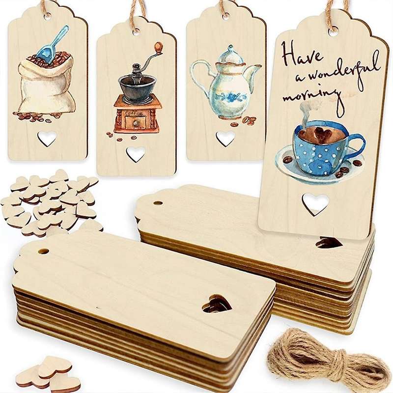 96PCS Unfinished Blank Wooden Tag Natural Pendant with Heart DIY Crafts Bookmark for Wedding Party